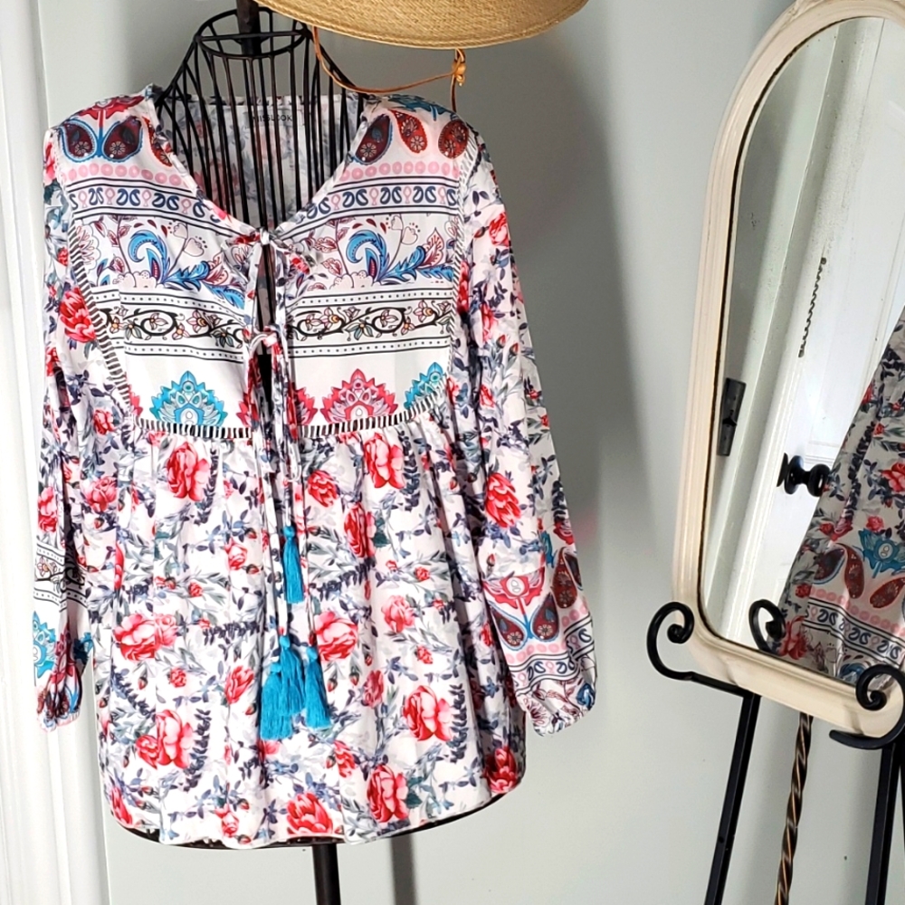Misslook top blouse size L flower pattern Cotton Polyester Very good condition